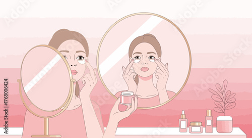 Elegant woman applying under-eye patches in front of a mirror for skincare routine