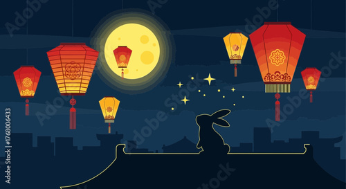 Enchanting Mid-Autumn Festival illustration with lanterns rabbit and full moon scenery