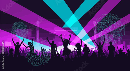 Energetic silhouettes dancing under vibrant club lights creating a dynamic atmosphere