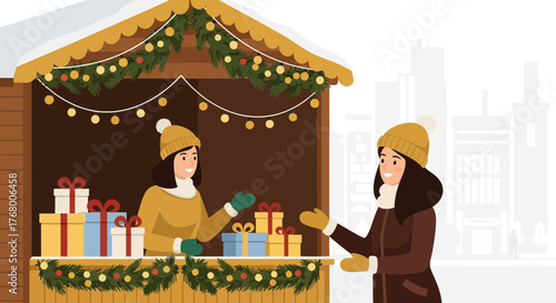 Festive christmas market scene with two women exchanging gifts at a decorated stall with city