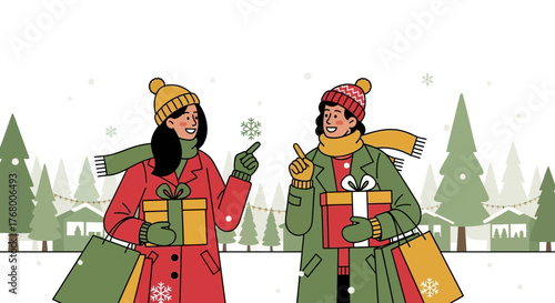Festive season joy girls friends enjoy winter shopping with gift bags christmas atmosphere