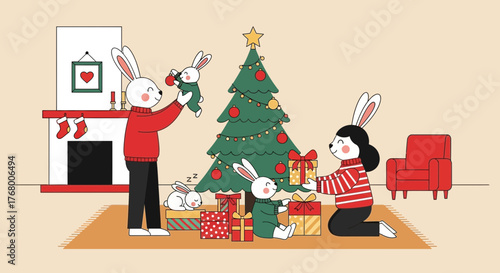 Festive rabbit family decorating christmas tree and exchanging gifts a heartwarming celebration