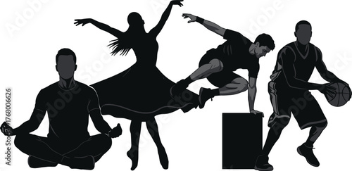 Silhouette of diverse physical activities including yoga, ballet, parkour, and basketball isolated on white background for sports and lifestyle concepts