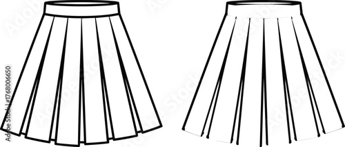 Pleated skirt fashion drawing, garment sketch illustration, waistband detail, vertical pleats design, flared silhouette, sewing pattern, apparel concept art