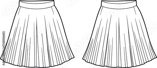 Pleated skirt fashion sketch, garment design illustration, waistband detail, vertical pleats drawing, flared silhouette, technical apparel art, sewing concept