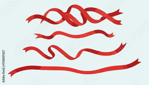 Red ribbons set. five flowing strips in varying waves and curls, clean flat vector on light background; isolated decoration assets for banners, gift wrapping, dividers, and promo layouts.