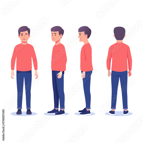 Flat young man in different positions 2D illustration vector. happy boy in standing pose. front, back, 3/4 view animated character, quarter view