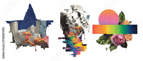 Retro Cutout Style Collage with Colorful Objects and Isolated Background