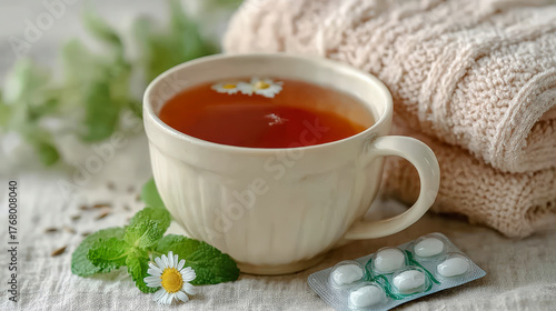 A comforting cup of tea with chamomile flowers, accompanied by fresh mint leaves, cozy towels, and a blister pack of pills.