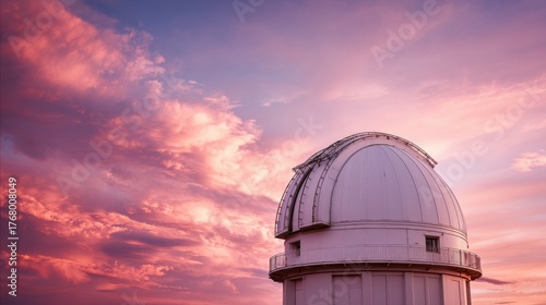Stunning Sunset Over Observatory Dome with Vibrant Pink Clouds