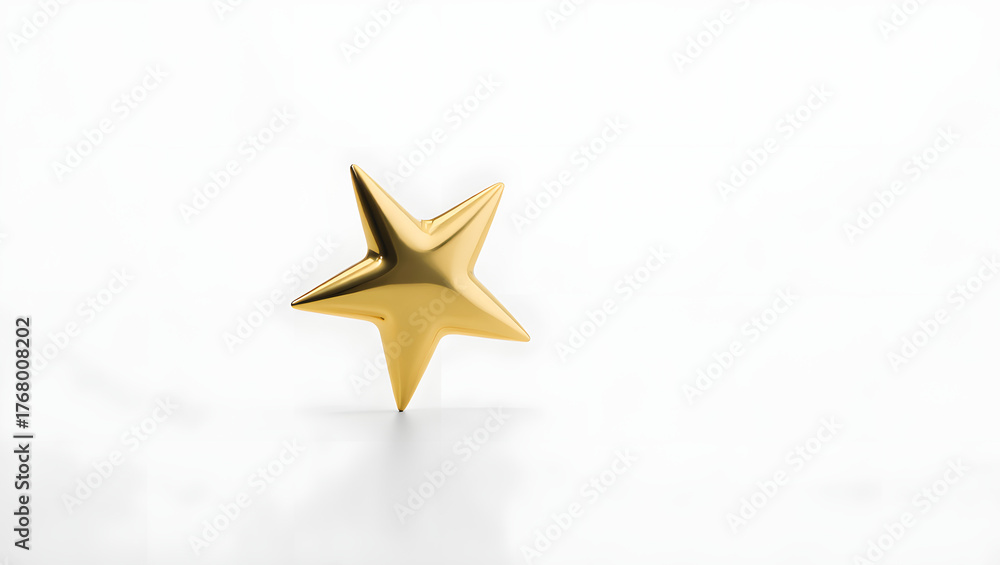 Fototapeta premium Golden shiny star standing on a white background, symbolizing premium quality and award.
