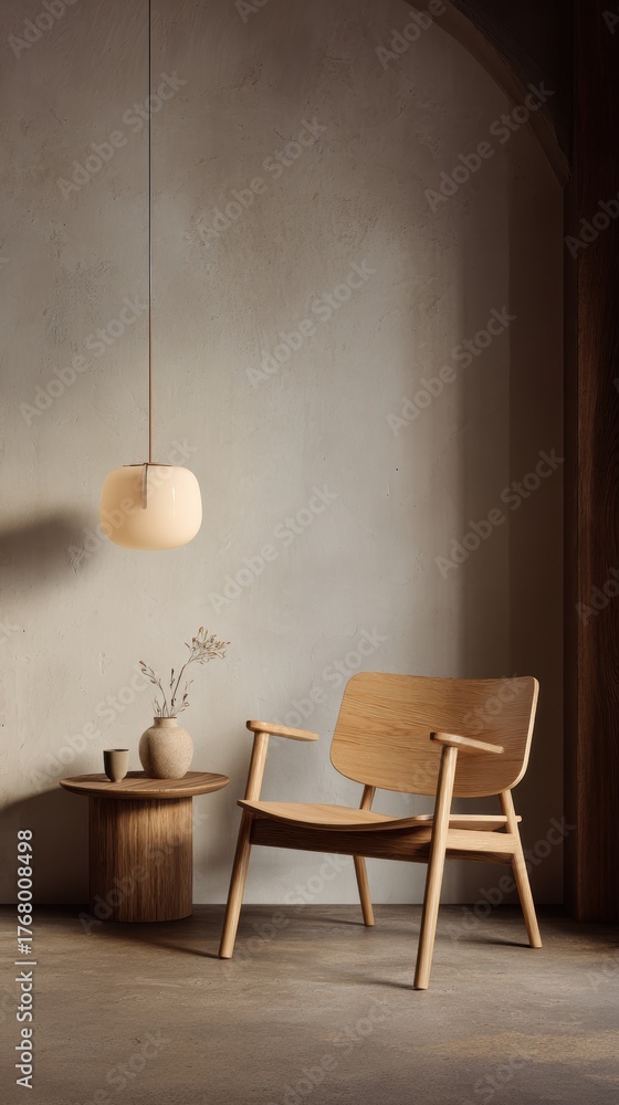Fototapeta premium Minimalist Wooden Chair with Pendant Light and Natural Decor Elements
