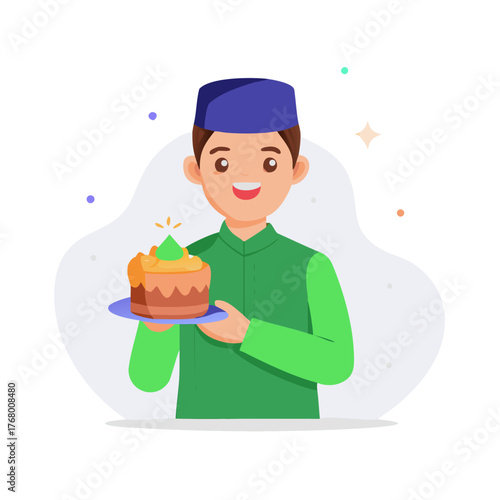 2D Eid Al-Fitr or Ramadan Cake Indonesian Character Illustration