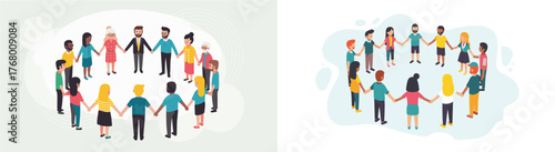 Cartoon Vector Illustration: Diverse Community People in Circular Formation