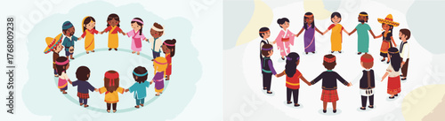 Flat Design Illustration of Diverse People Holding Hands in a Circle