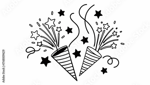 Doodle style confetti poppers bursting with stars and ribbons vector illustration