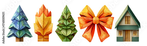 Colorful and Artistic Collection of Stylized Trees, Bow, and House Designs
