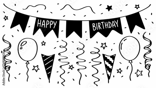 Doodle birthday celebration decorations vector illustration party elements banners balloons