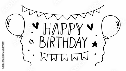 Doodle happy birthday vector illustration with balloons and bunting party graphics