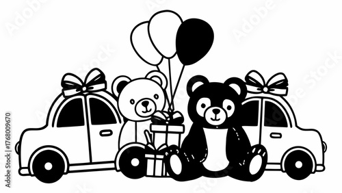 Vector doodle set teddy bears cars gifts balloons birthday celebration illustration scalable art