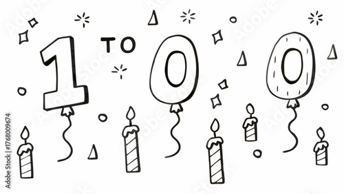 Hand drawn birthday numbers set vector illustration from 1 to 100 balloons candles celebration