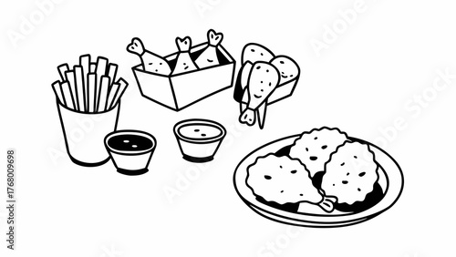 Doodle-style illustration of a broast chicken meal with fries and dips vector art