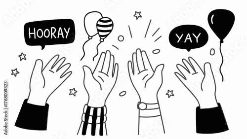 Doodle art hands clapping cheering hooray yay celebration vector illustration