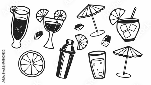 Hand drawn cocktail hour set vector illustration scalable doodles for festive occasions