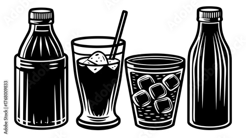 Vector doodle illustration set cold drinks bottles cans glasses ice cubes beverage refreshment