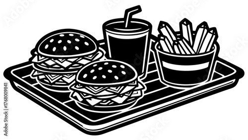 Doodle style combo meal set illustration featuring burgers fries and drink