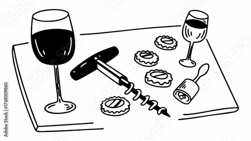 Hand drawn vector illustration of wine glasses corkscrew and appetizers for celebrations