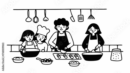 Doodle family cooking together in kitchen vector illustration scalable eps icon