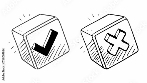 Vector sketch set of 3d cubes with checkmark and cross symbols scalable illustration