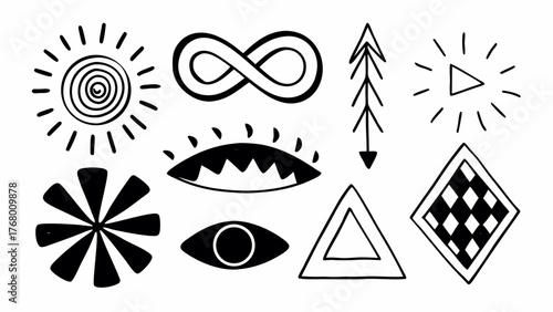 Abstract doodle symbols vector set spirals infinity arrows sun eye diamond shapes scalable illustration