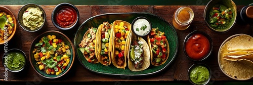 Captivating bird's eye view of a festive taco spread with sauces and garnishes.