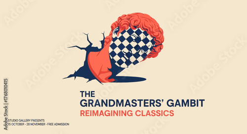 Conceptual art exhibit poster with chess-themed brain bursting through a wall design