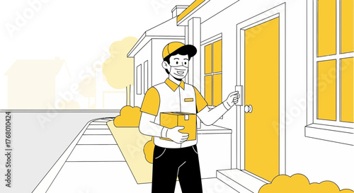 Delivery man wearing a mask delivering package to a house during a pandemic to protect customers