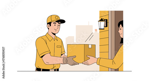 Delivery service illustration with courier handing over package to customer at door