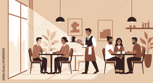 Diverse couples enjoy a relaxing cafe experience with attentive service and charming ambiance