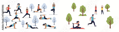 Flat Vector Illustrations of People Exercising Yoga and Running Outdoors