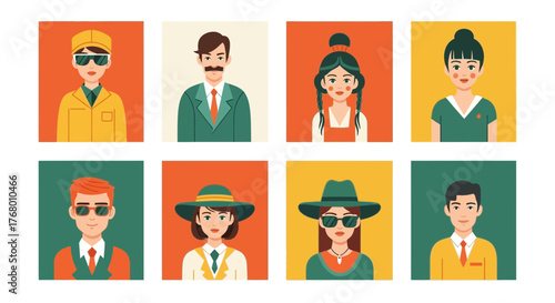 Diverse group of stylized character avatars showcasing various professions and styles in vector