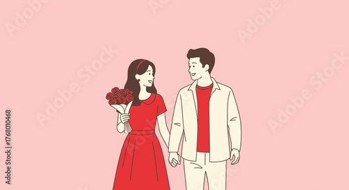 Romantic couple holding hands with roses against pink background evoking love and togetherness
