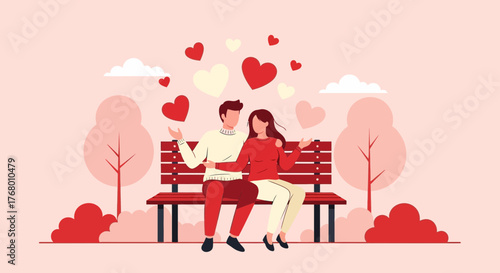 Romantic couple sitting on a park bench surrounded by hearts illustration design art