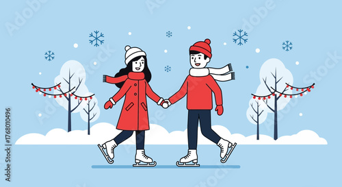 Romantic winter: Couple ice skating in a festive park amidst snowflakes and winter scenery