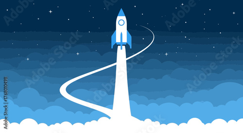 Stylish rocket launch illustration against a starry night sky with clouds vector art