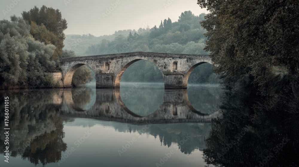 Fototapeta premium Tranquil Arch Bridge Reflected in Calm River Surrounded by Nature
