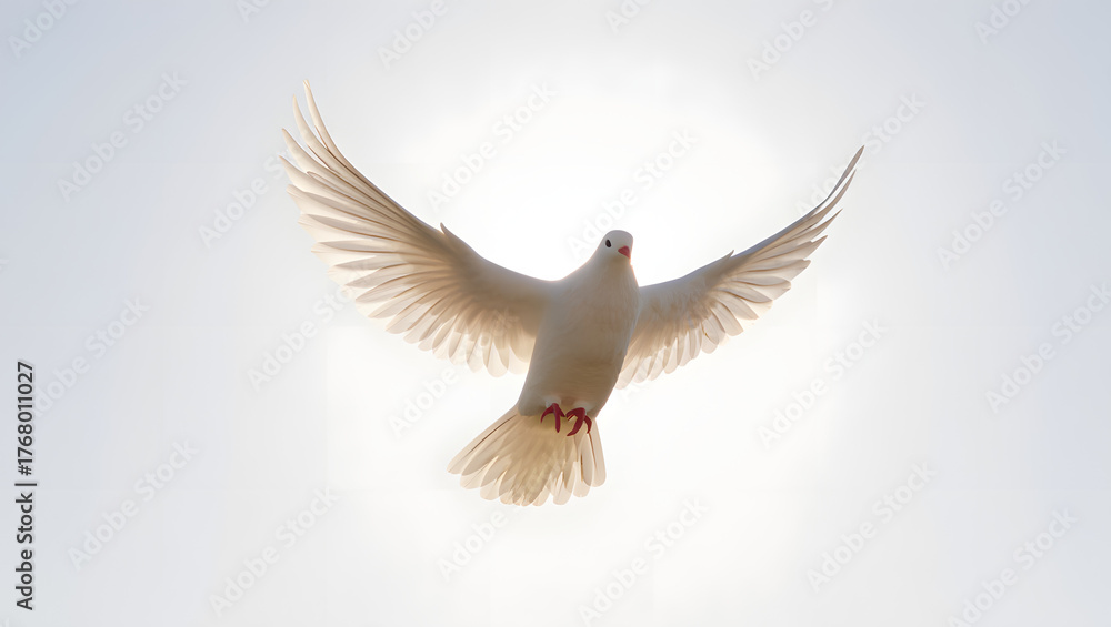 Obraz premium White dove in graceful flight, wings outstretched, against a bright, luminous sky, symbolizing peace.