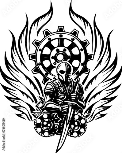 SVG skull mech paladins tattoo design. Warrior Emblem with Wings and Gear Background in Black Ink Style