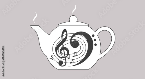 A white teapot with musical notes and clefs, symbolizing music and tea