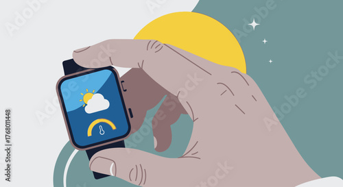 Closeup of a hand holding a smartwatch displaying weather icons and temperature, indicating smart device functionality